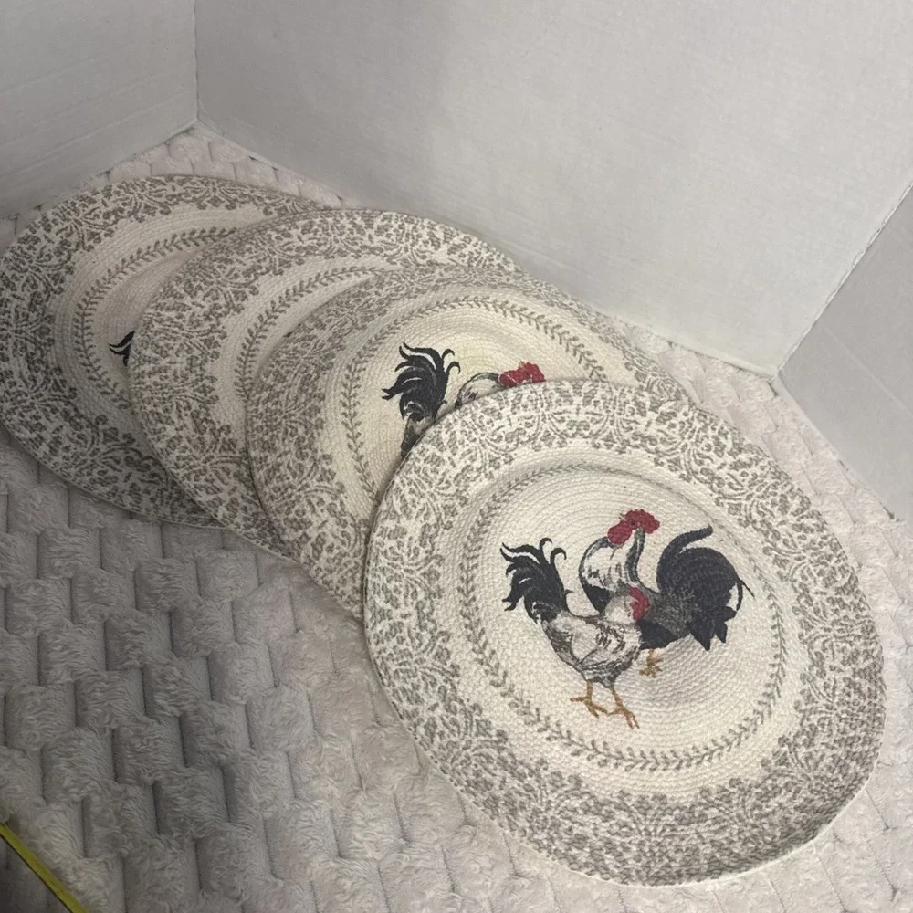 Vtg 4 Hooked Rug Braid Chair Seat Pads Rooster Chicken Hen Farmhouse Grannycore